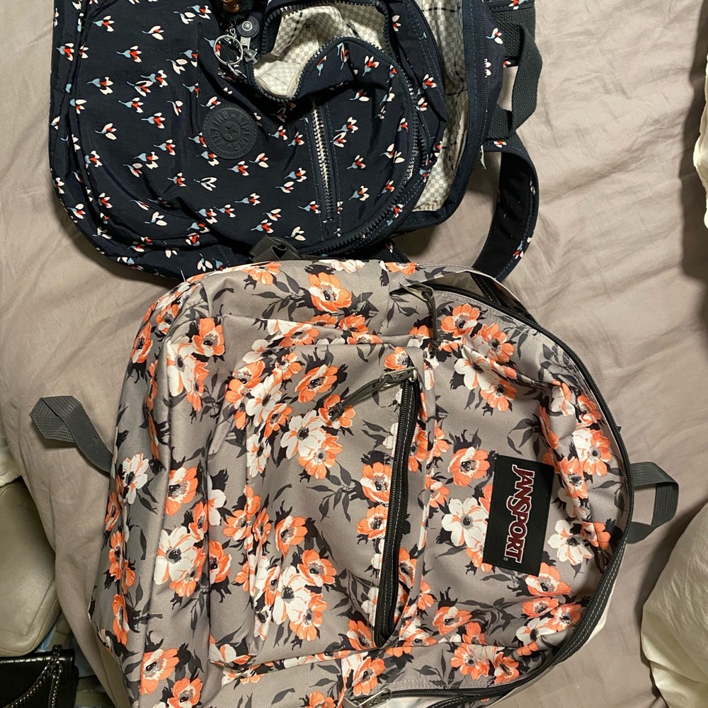 Floral Jansport backpack and Kipling small backpack